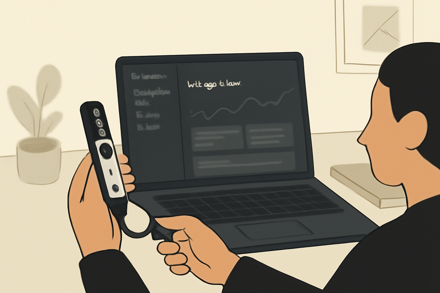 A user connecting a Ledger hardware wallet to a laptop, Ledger Live interface open on the screen, modern workspace.