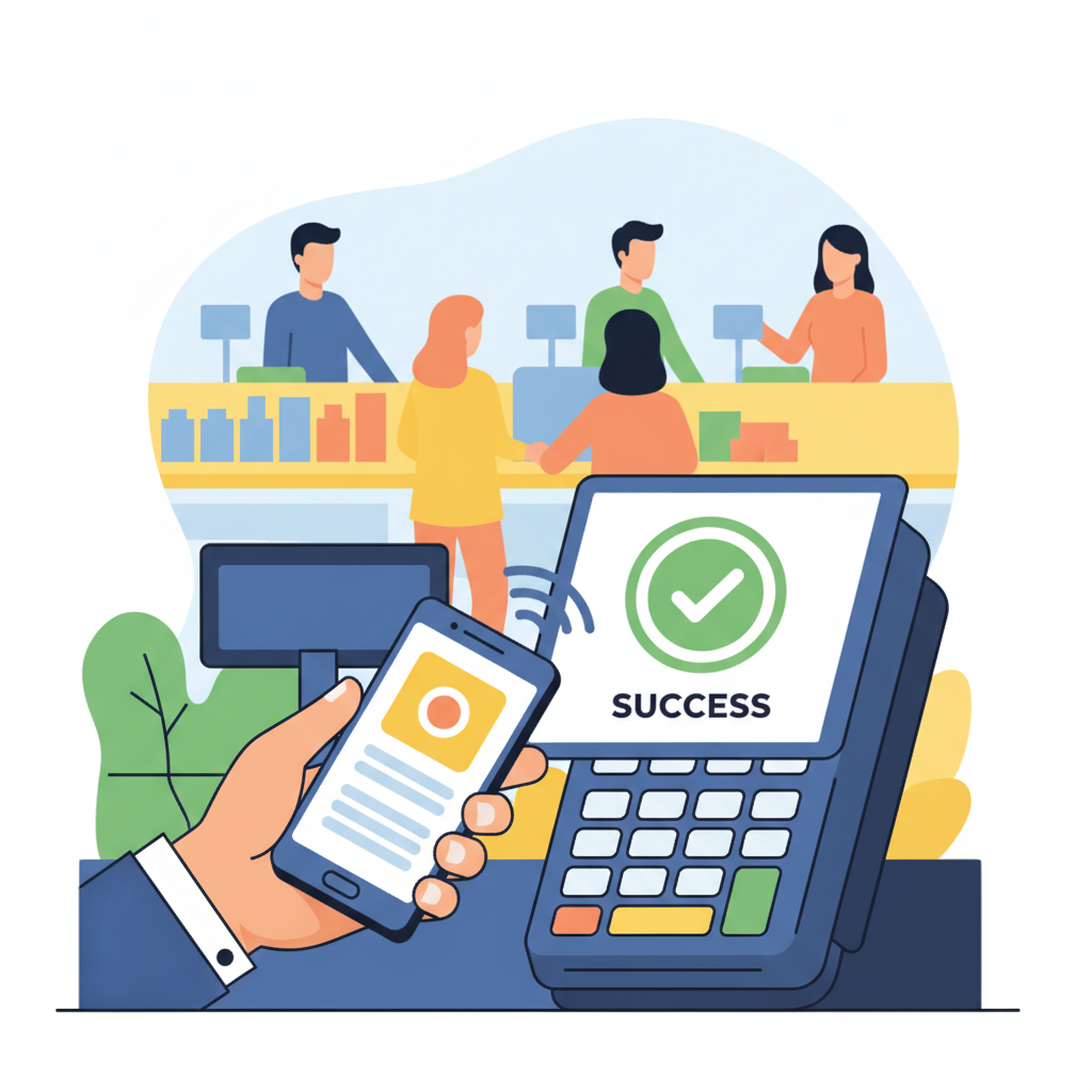 customer tapping phone NFC on POS terminal or scanning QR code, success checkmark, lively store checkout
