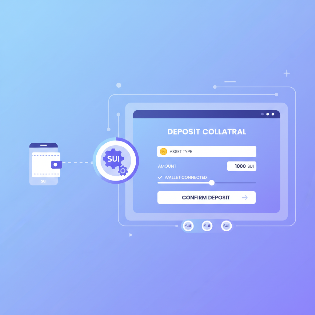 Wallet connecting to DEX, deposit collateral screen, Sui network icons, clean DeFi dashboard