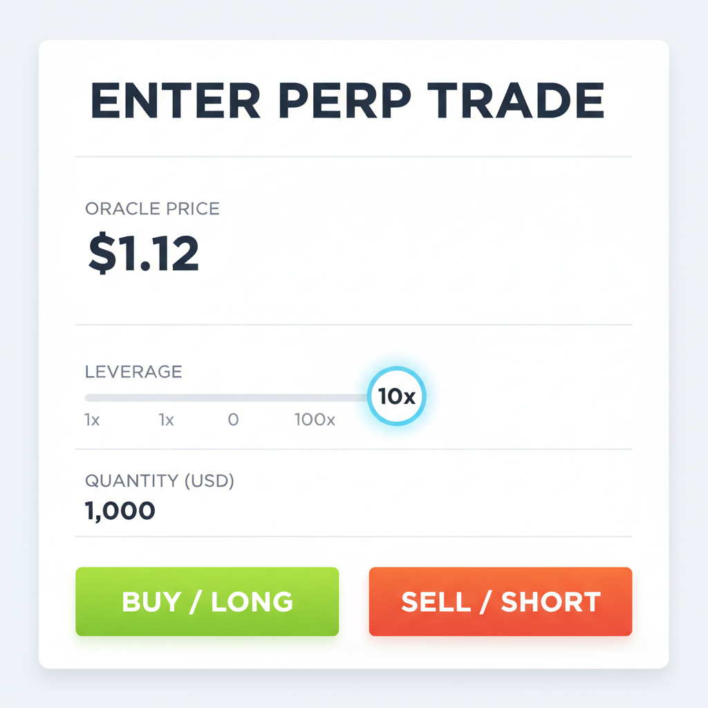 Entering perp trade, order form with oracle price $1.12, leverage selector, green buy button