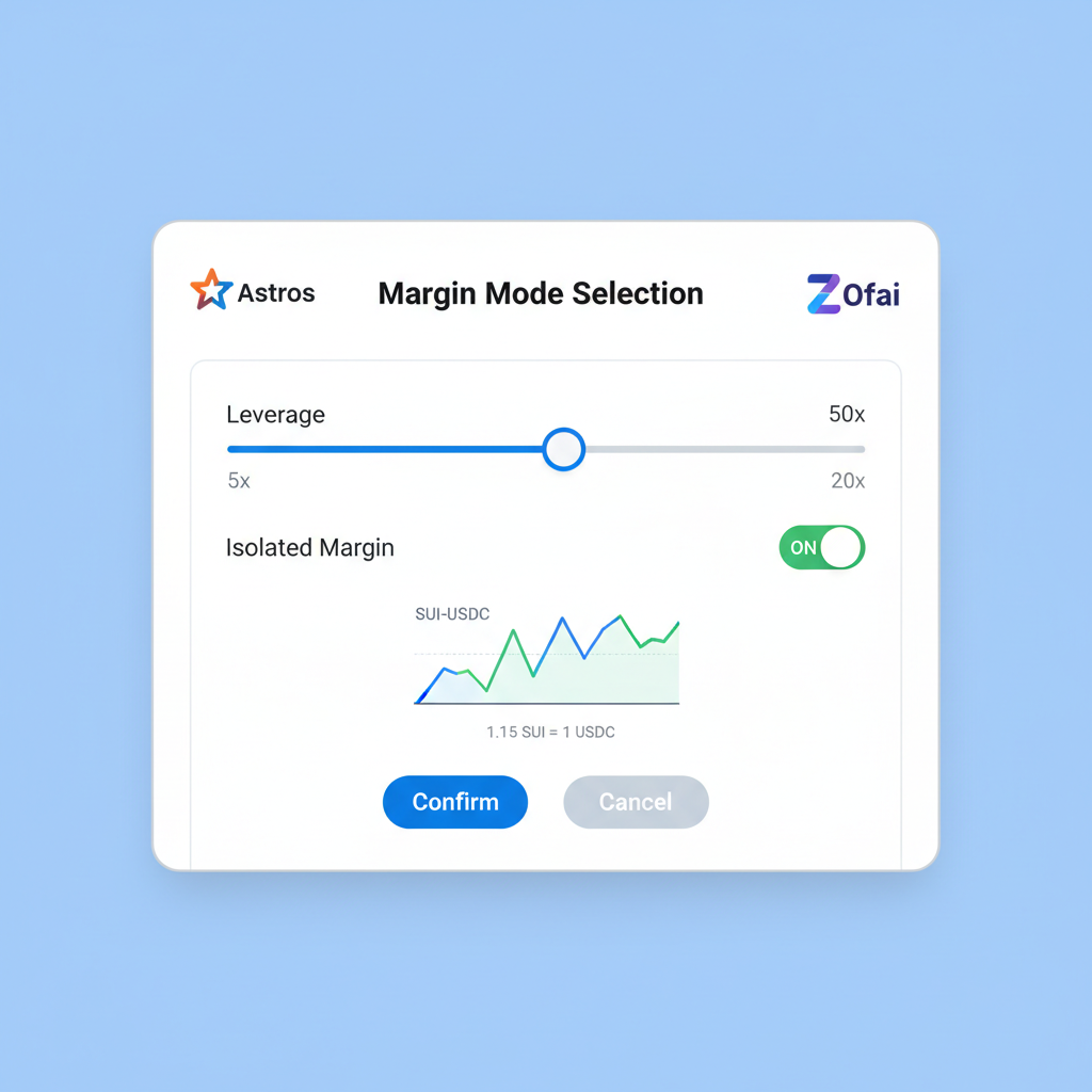 Margin mode selection UI, leverage sliders 5-50x, SUI-USDC chart, Astros ZOfai logos
