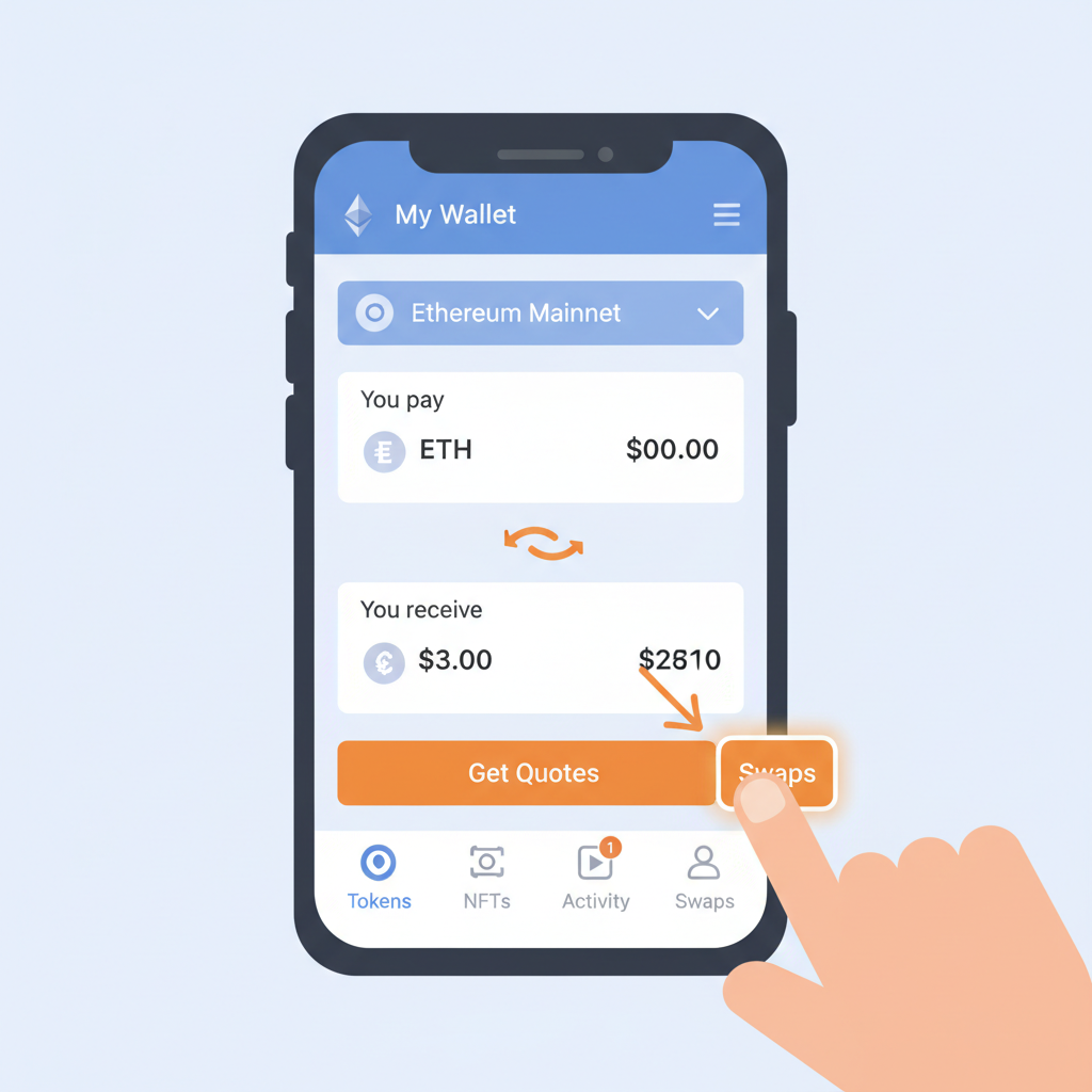 MetaMask app interface with Swaps tab highlighted, Ethereum chain selector