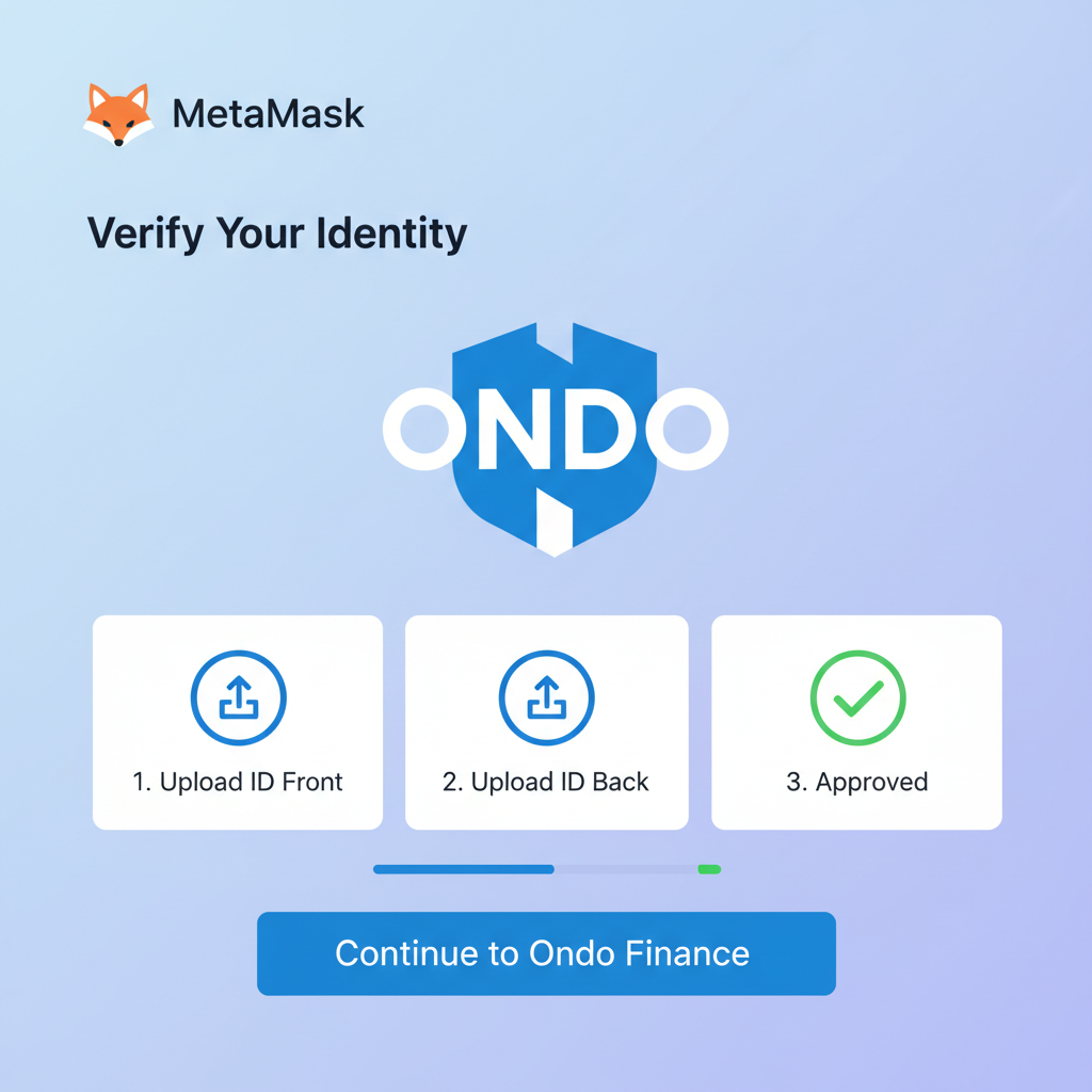 KYC verification screen in MetaMask with Ondo logo, ID upload icons, checkmark approval