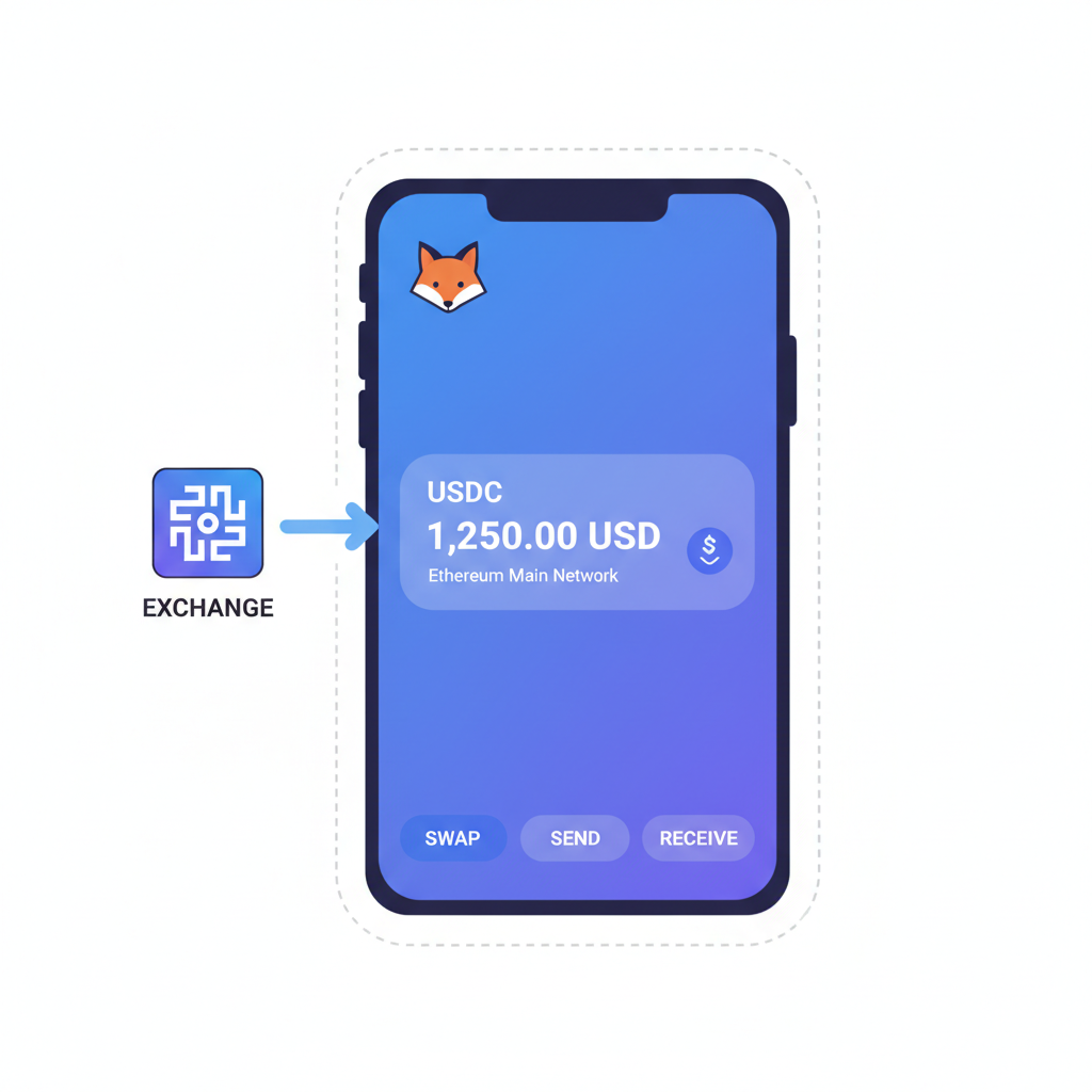 MetaMask wallet screen displaying USDC balance, Ethereum network, funding arrow from exchange