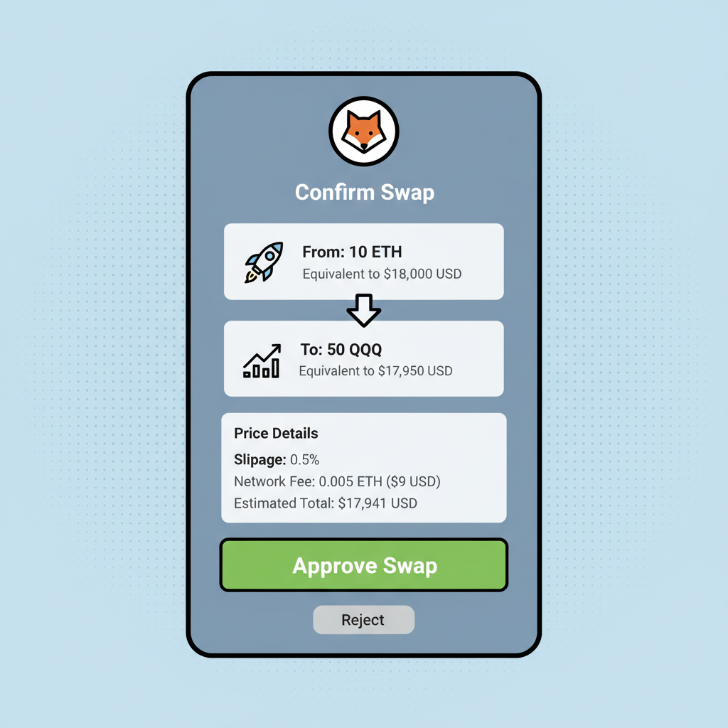 MetaMask swap confirmation screen for TSLA or QQQ, green approve button, price details