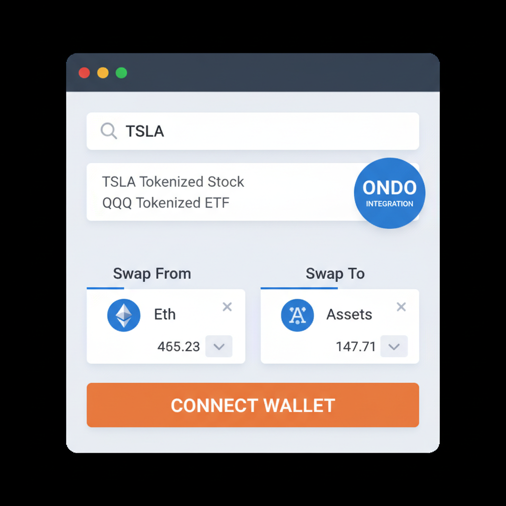 MetaMask Swaps search bar with 'TSLA' or 'QQQ' tokenized assets, Ondo integration badge