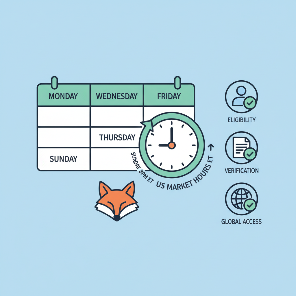 Calendar showing US market hours Sunday 8PM ET to Friday 8PM ET, MetaMask logo, eligibility check icons