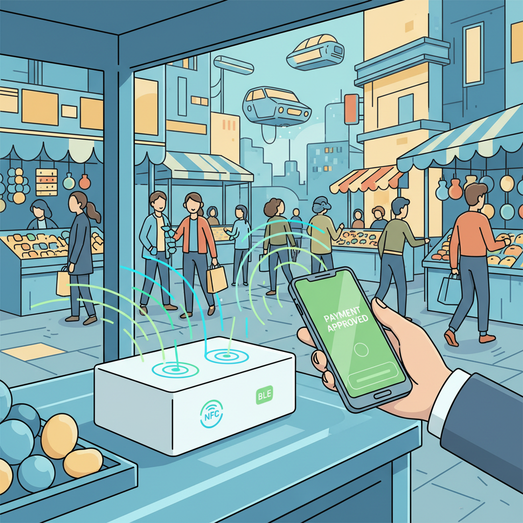 vendor device with NFC BLE enabled, customer phone tapping for payment, wireless energy waves, bustling street market scene, sci-fi illustration