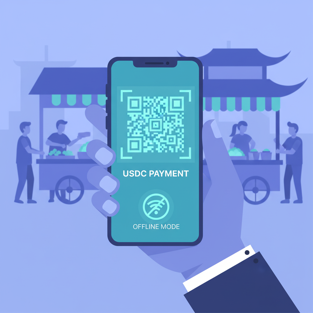 closeup hand holding phone generating glowing QR code for USDC payment, offline mode indicator, street food stall in background, high-tech digital art