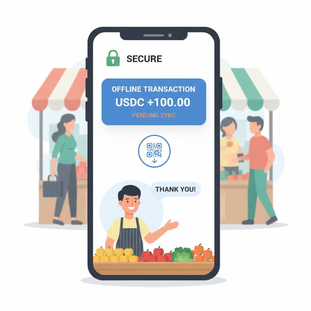 phone screen showing stored offline USDC transaction, lock icon secure, vendor smiling at market stall, digital futuristic interface