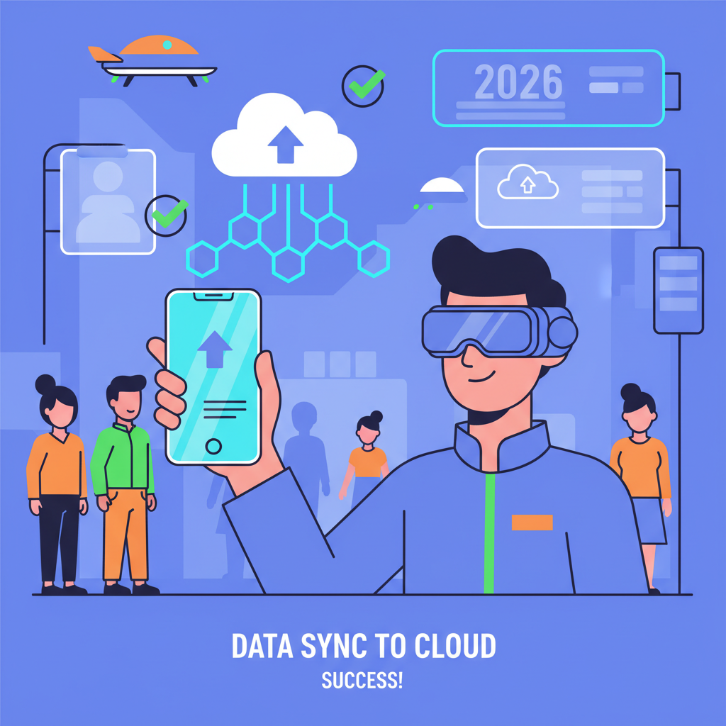 vendor phone syncing data to cloud with upward arrows, blockchain nodes connecting, success checkmarks, vibrant 2026 street vendor scene