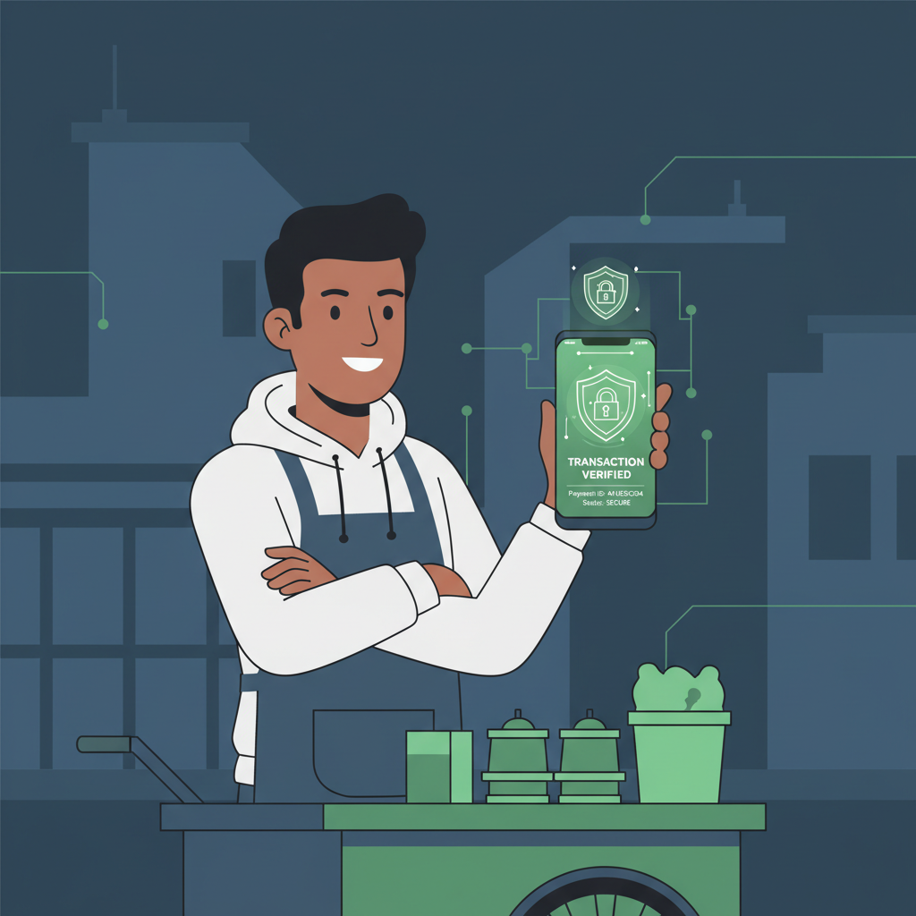 security dashboard on phone verifying transactions, shields and locks glowing green, confident street vendor in foreground, cyber secure aesthetic