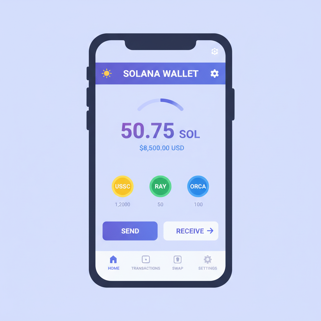 mobile wallet app interface showing Solana balance and tokens