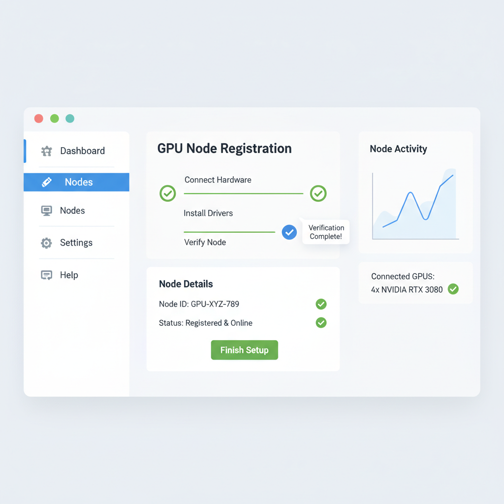 web dashboard registering GPU node with verification checkmarks