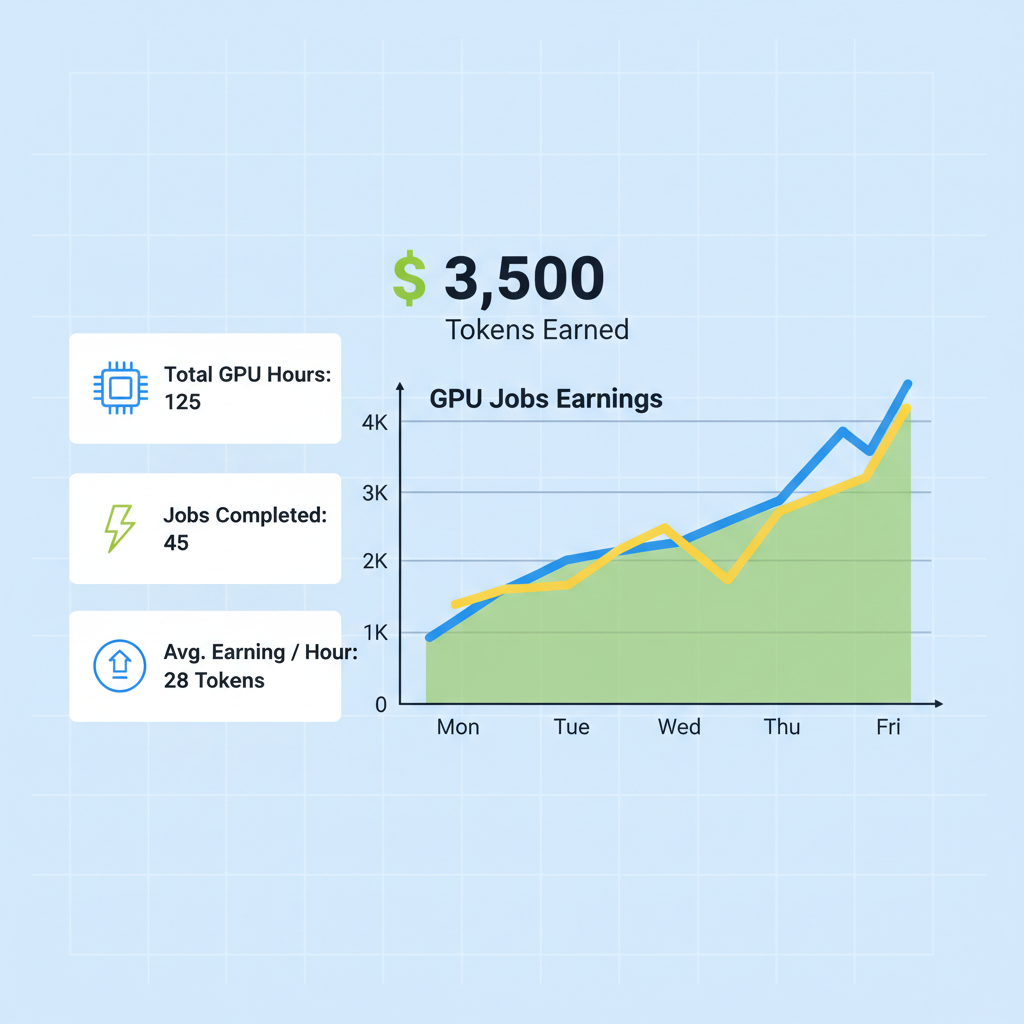 analytics dashboard showing GPU jobs earnings graph with tokens
