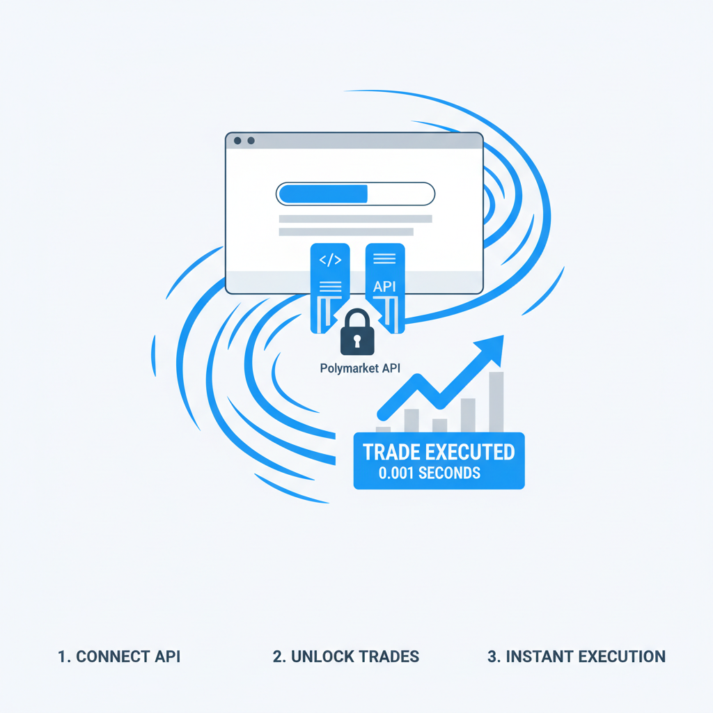 lightning-fast trade execution animation, API keys unlocking Polymarket trades, electric blue speed lines