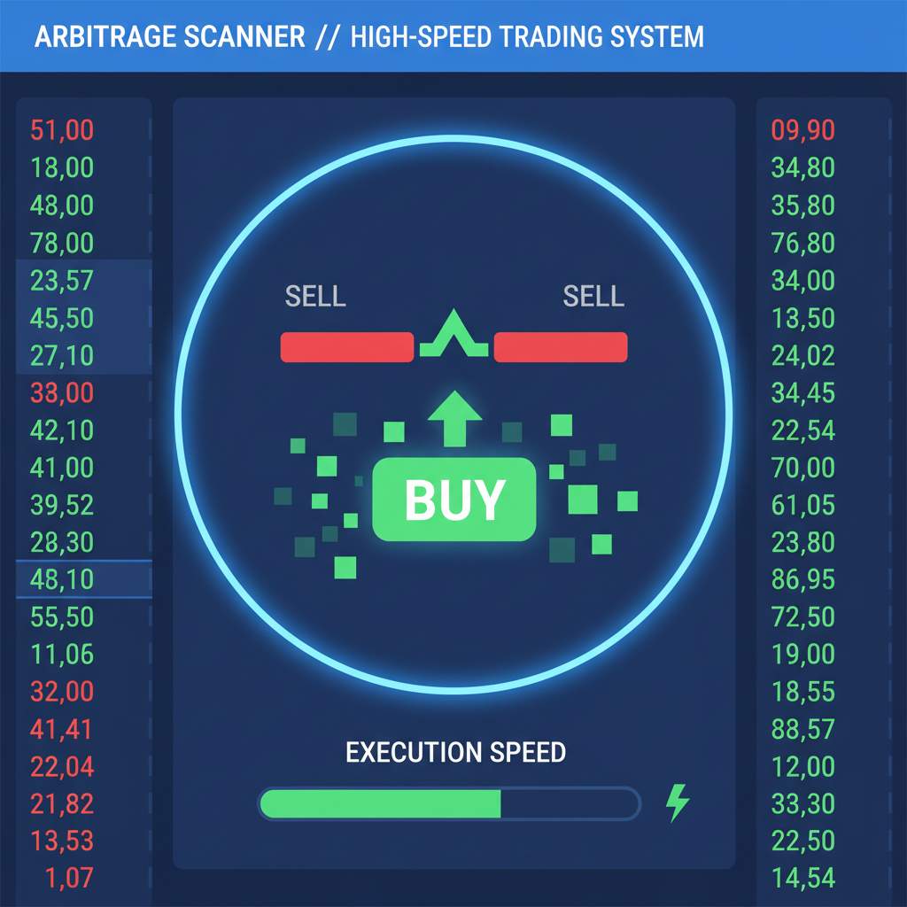 order book scanner interface zooming on arbitrage gap, green buy signals flashing, high-speed trading screen