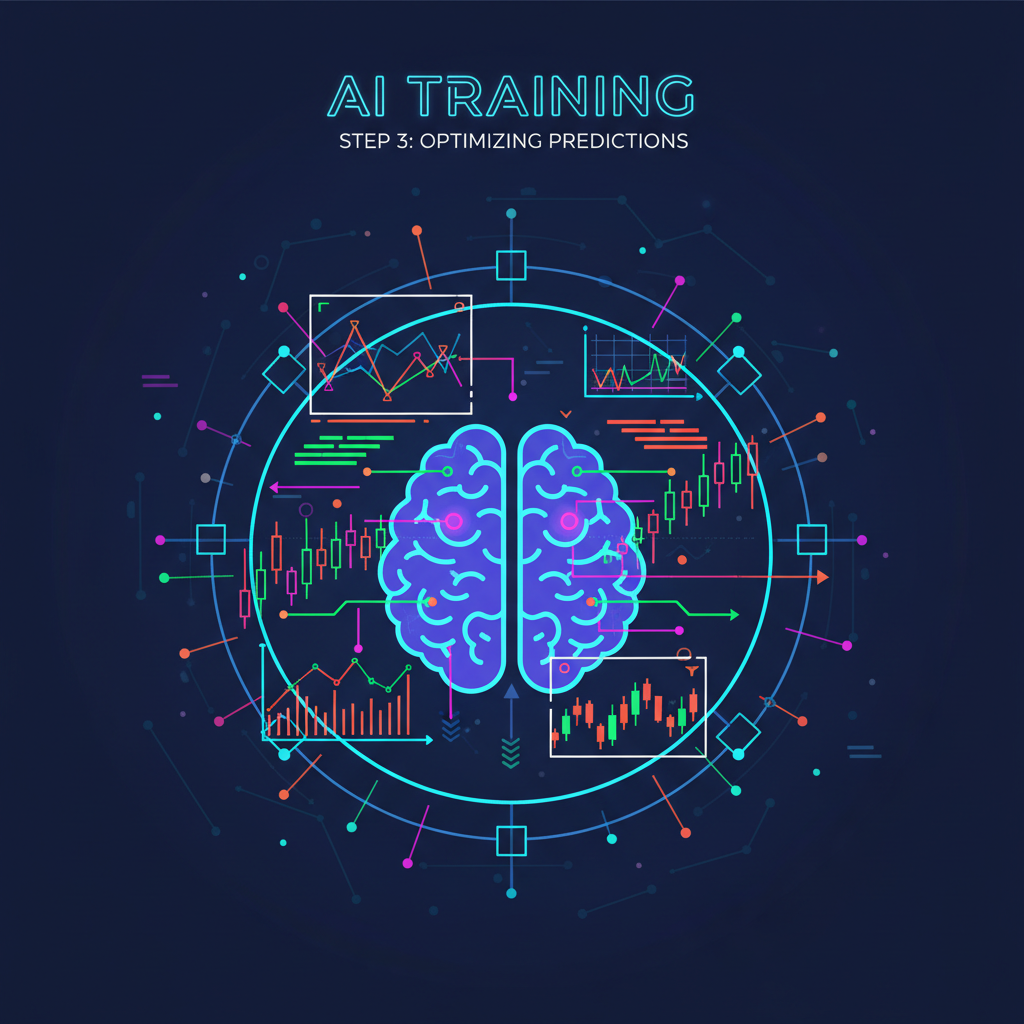 AI neural network training on glowing prediction market charts, brain icon fusing with data graphs, neon vibes