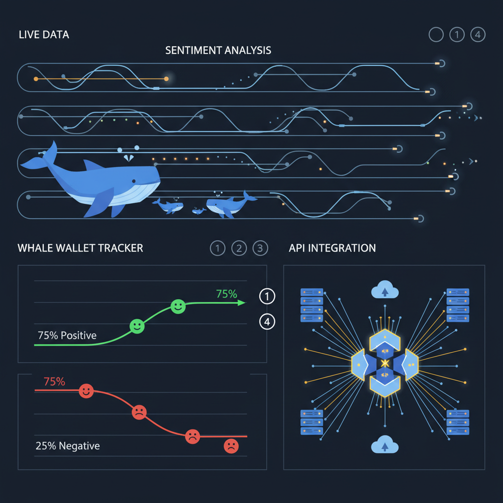 streaming data feeds with sentiment graphs, whale icons, API connections pulsing, dark tech dashboard