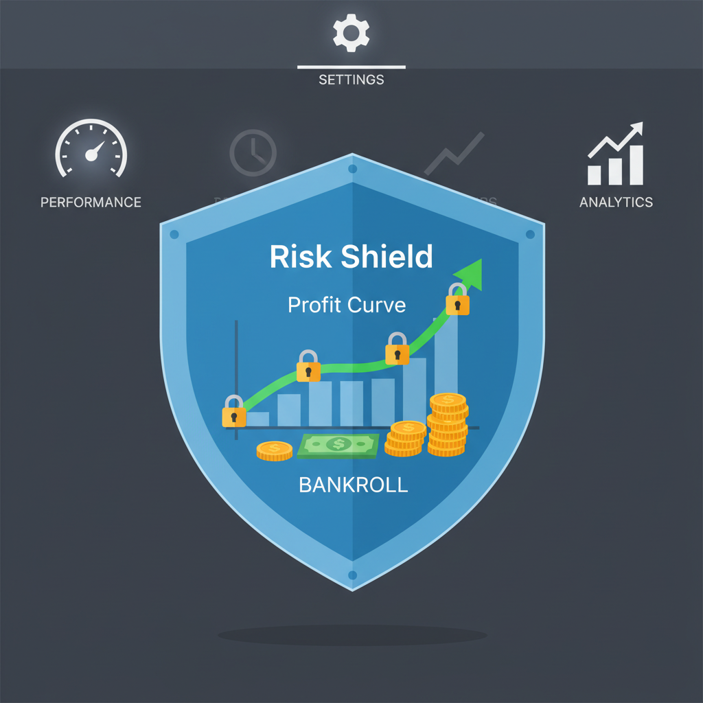 risk shield protecting bankroll graph, green upward profit curve with safety locks, professional dashboard