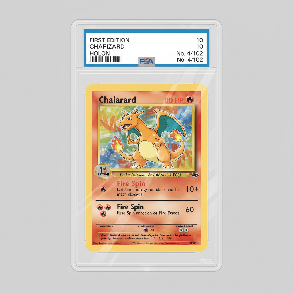 PSA graded holographic 1st edition Charizard Pokémon card in slab, high detail, professional lighting