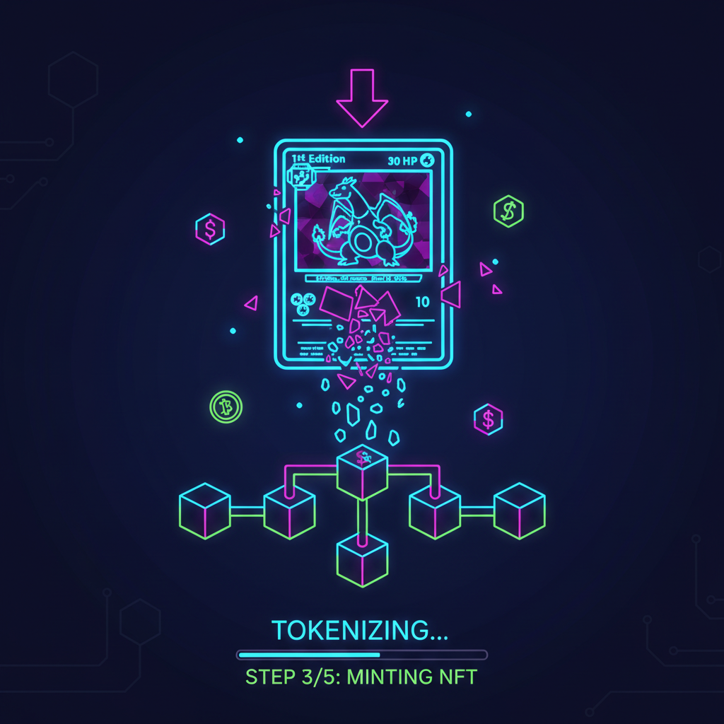 NFT minting animation of glowing 1st edition Pokémon card tokenizing into blockchain, neon effects