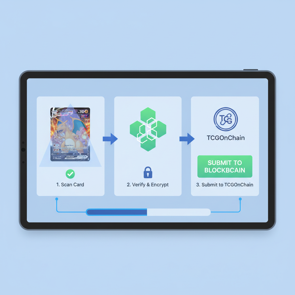 Digital dashboard submitting Pokémon card scan to TCGOnChain, futuristic UI, blockchain elements