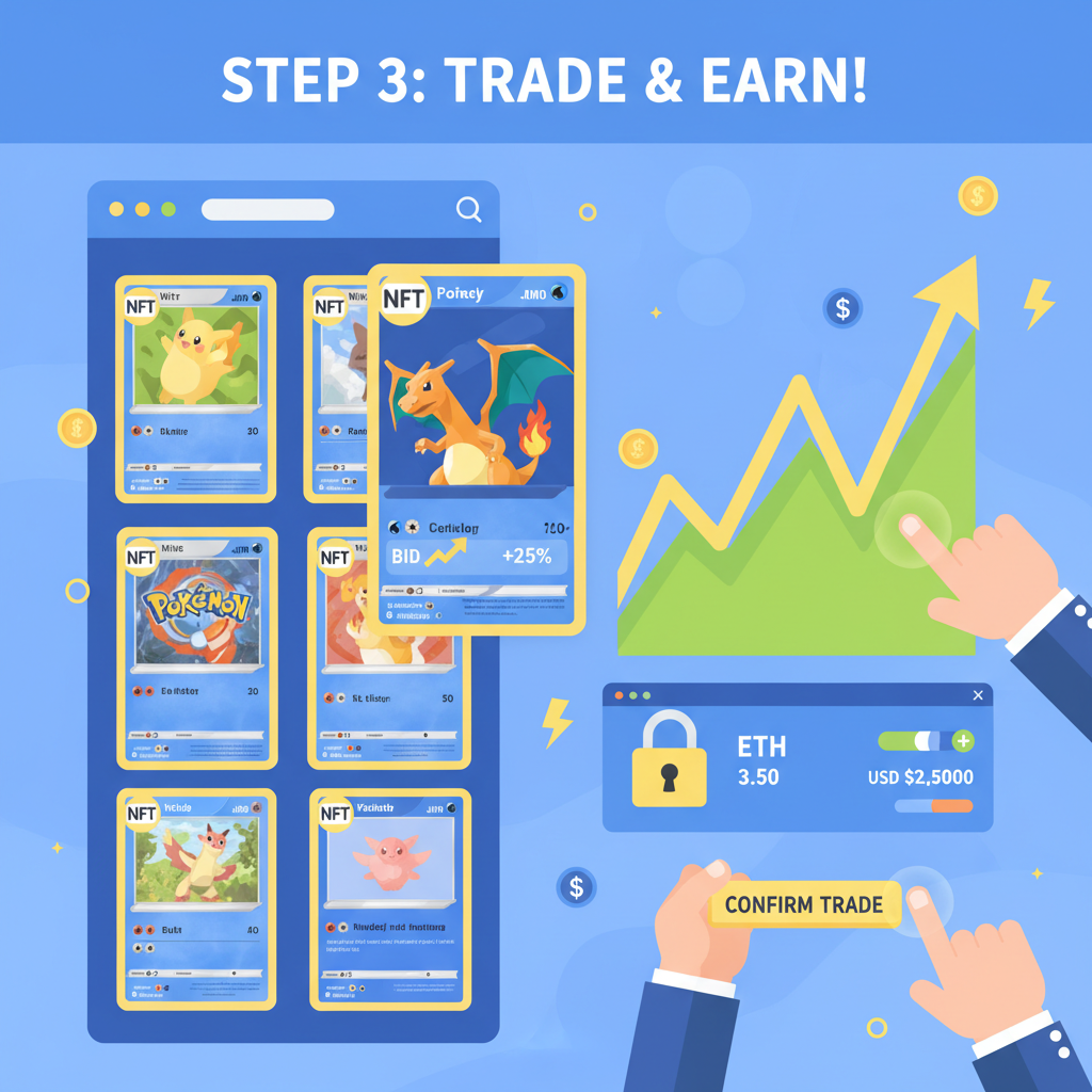 Trading NFT Pokémon cards on marketplace, charts rising, crypto wallet interface, dynamic