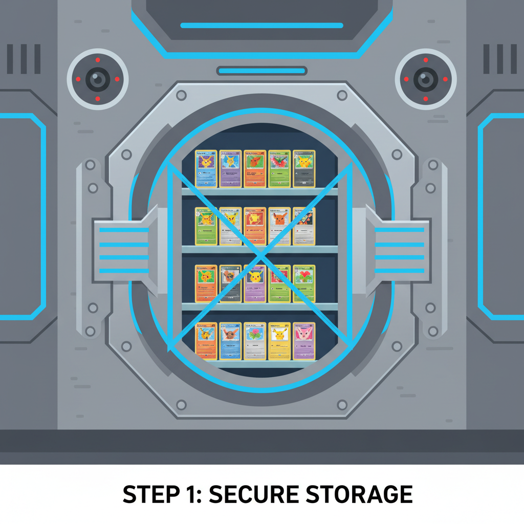 High-security vault storing graded Pokémon cards, metallic doors, surveillance cams, sci-fi secure