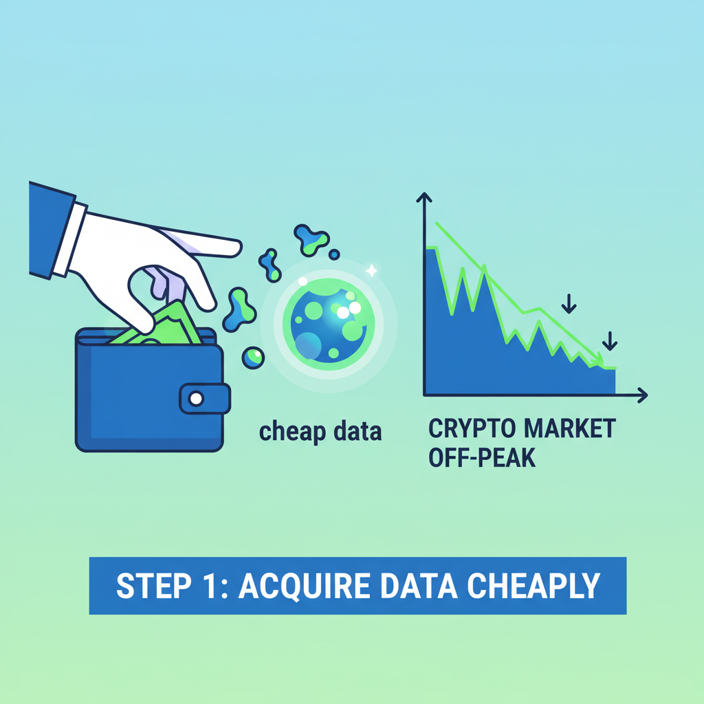 wallet buying glowing data blobs cheaply, crypto market off-peak graph, vibrant greens and blues