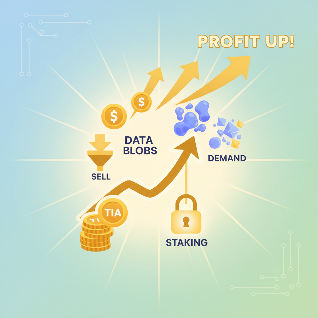 selling data blobs at peak demand graph, staking TIA coins, profit arrows up, golden glow