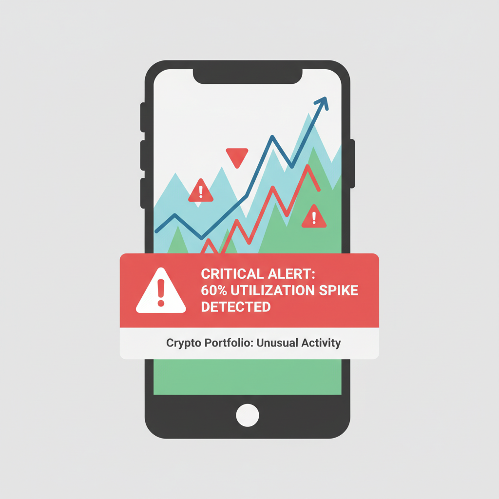 alert notification popping on phone screen for 60% utilization spike, crypto charts rising, red alerts