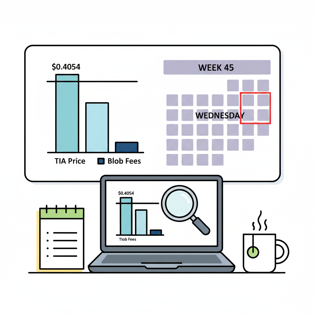 weekly review chart comparing TIA price $0.4054 and blob fees, calendar overlay, analytical desk setup