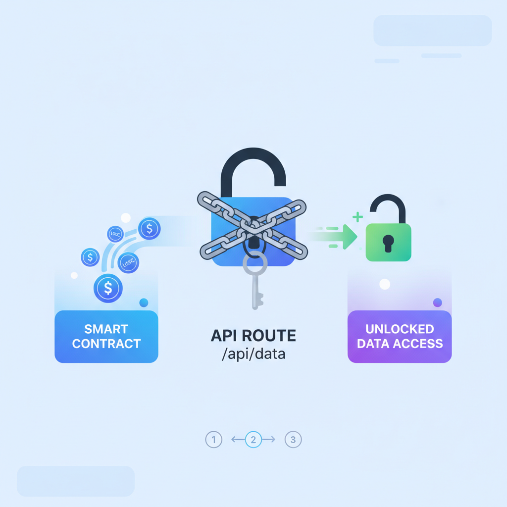 API route code locked with chain and key icon, USDC coins flowing in, futuristic UI