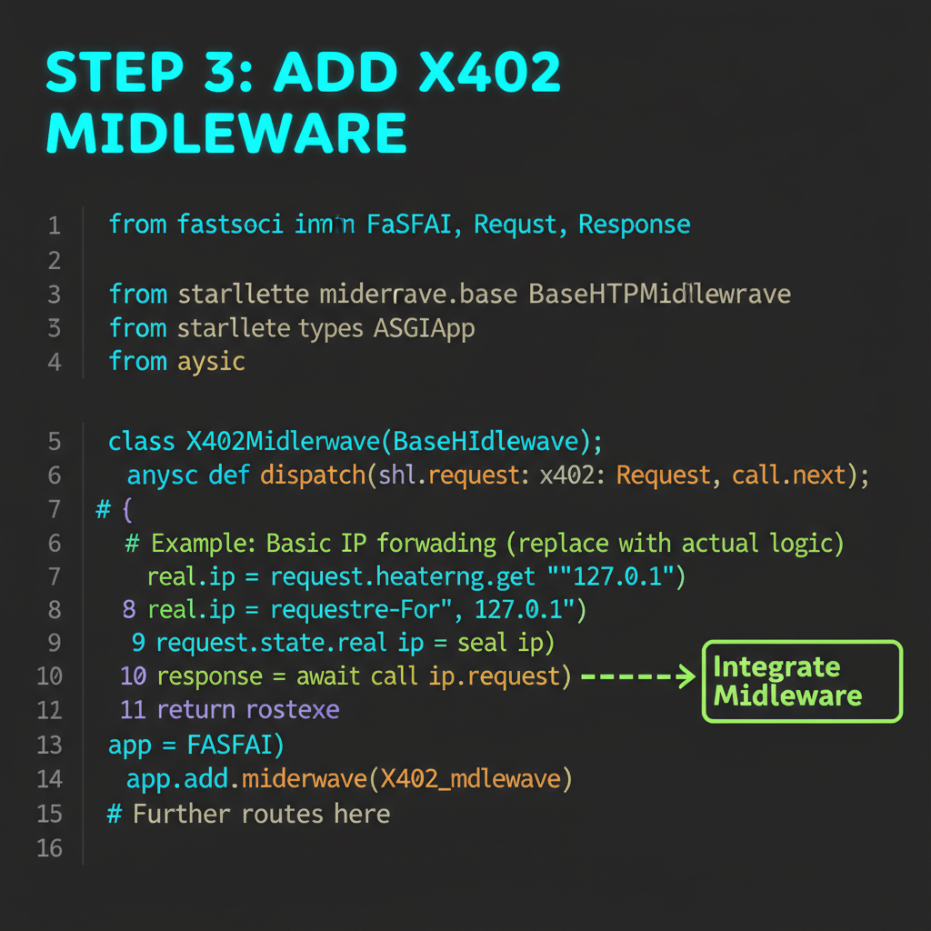 FastAPI code snippet with x402 middleware integration, neon syntax highlighting on dark background