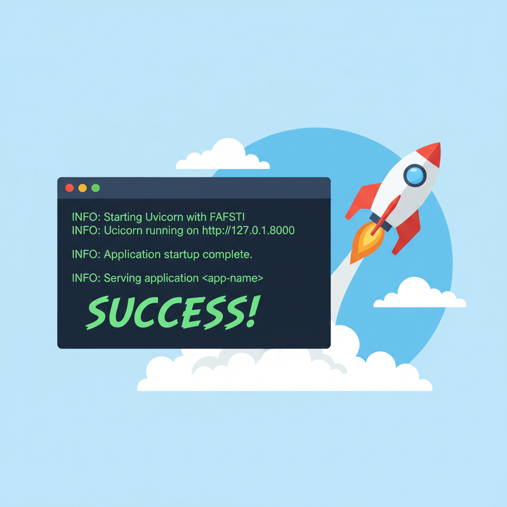 server console launching uvicorn FastAPI with success green logs, rocket blasting off