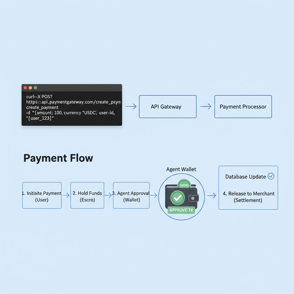 curl command testing API with payment flow diagram, agent wallet approving USDC tx