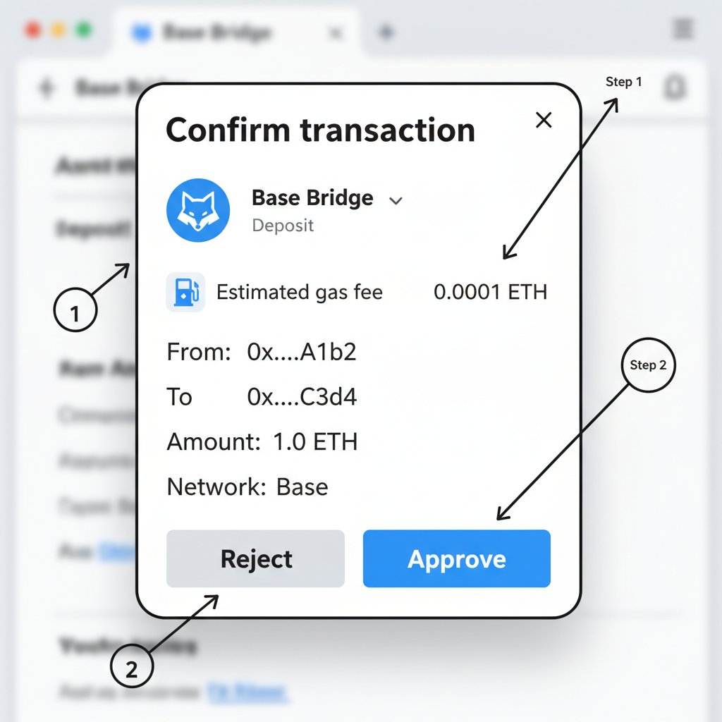 MetaMask transaction confirmation screen for Base Bridge deposit, approve button