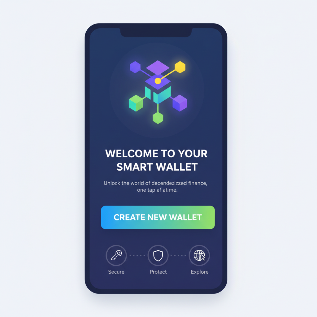 mobile app interface creating new Coinbase Smart Wallet, welcome screen with create button, vibrant crypto theme