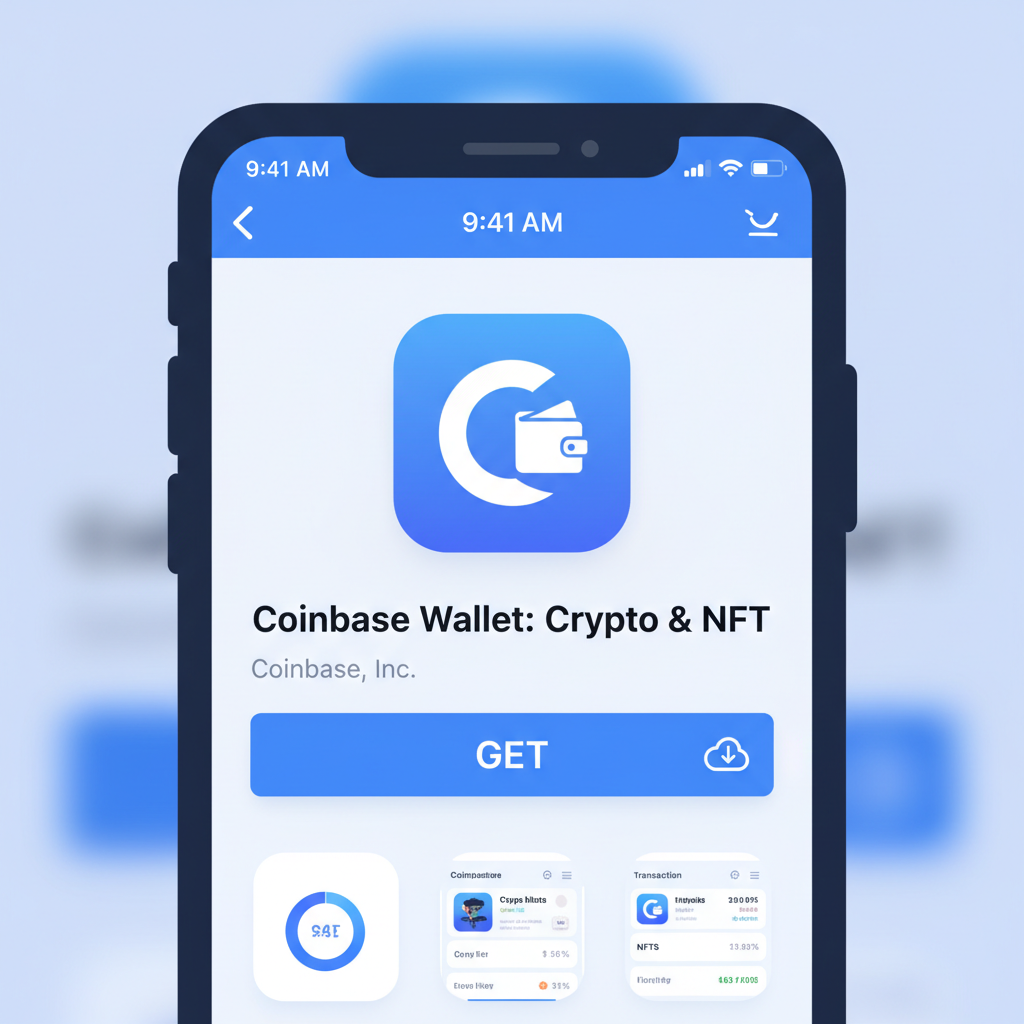 smartphone screen showing Coinbase Wallet app download on app store, clean modern UI, blue tones