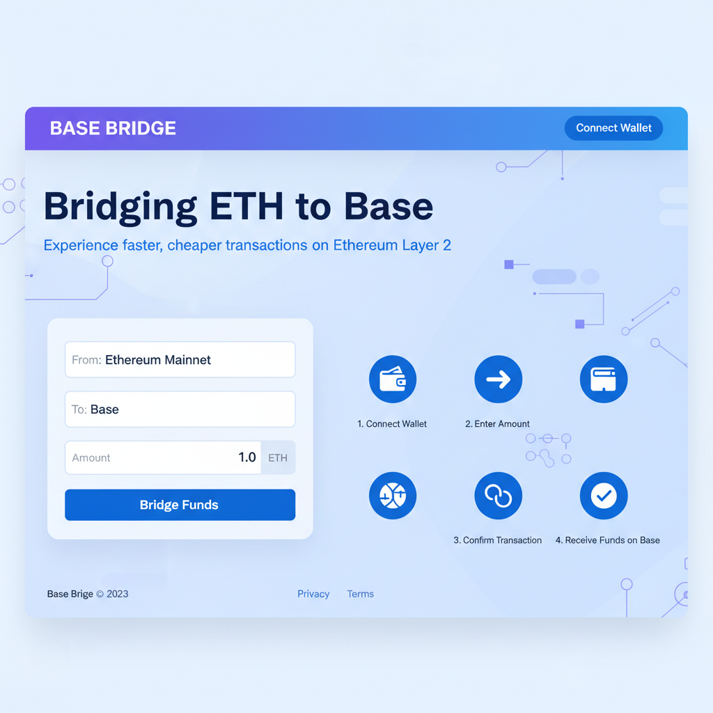 official Base Bridge homepage screenshot, clean web interface with connect wallet button, Ethereum L2 theme