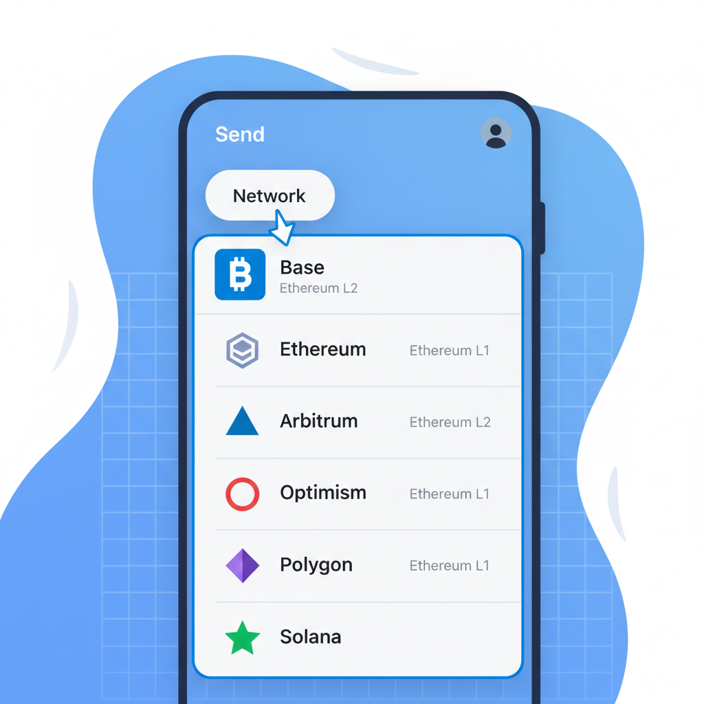 Coinbase Wallet app network selector dropdown highlighting Base network, Ethereum L2 icons