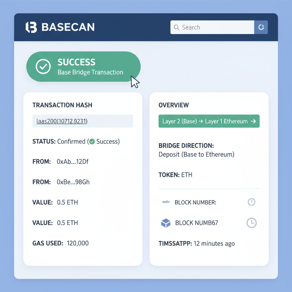 Basescan.org transaction details page showing successful Base bridge tx, green success status