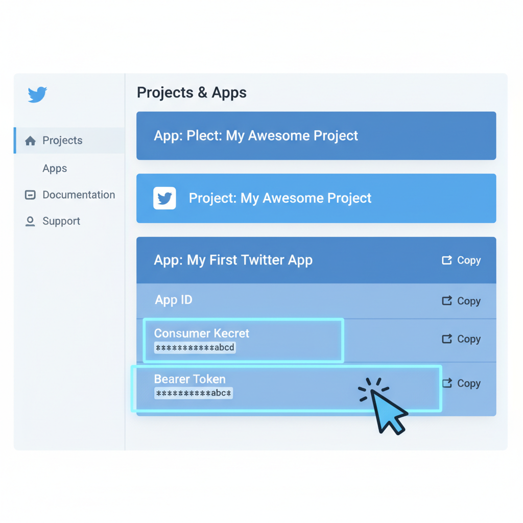 twitter developer portal dashboard with api keys highlighted, clean tech interface, blue tones