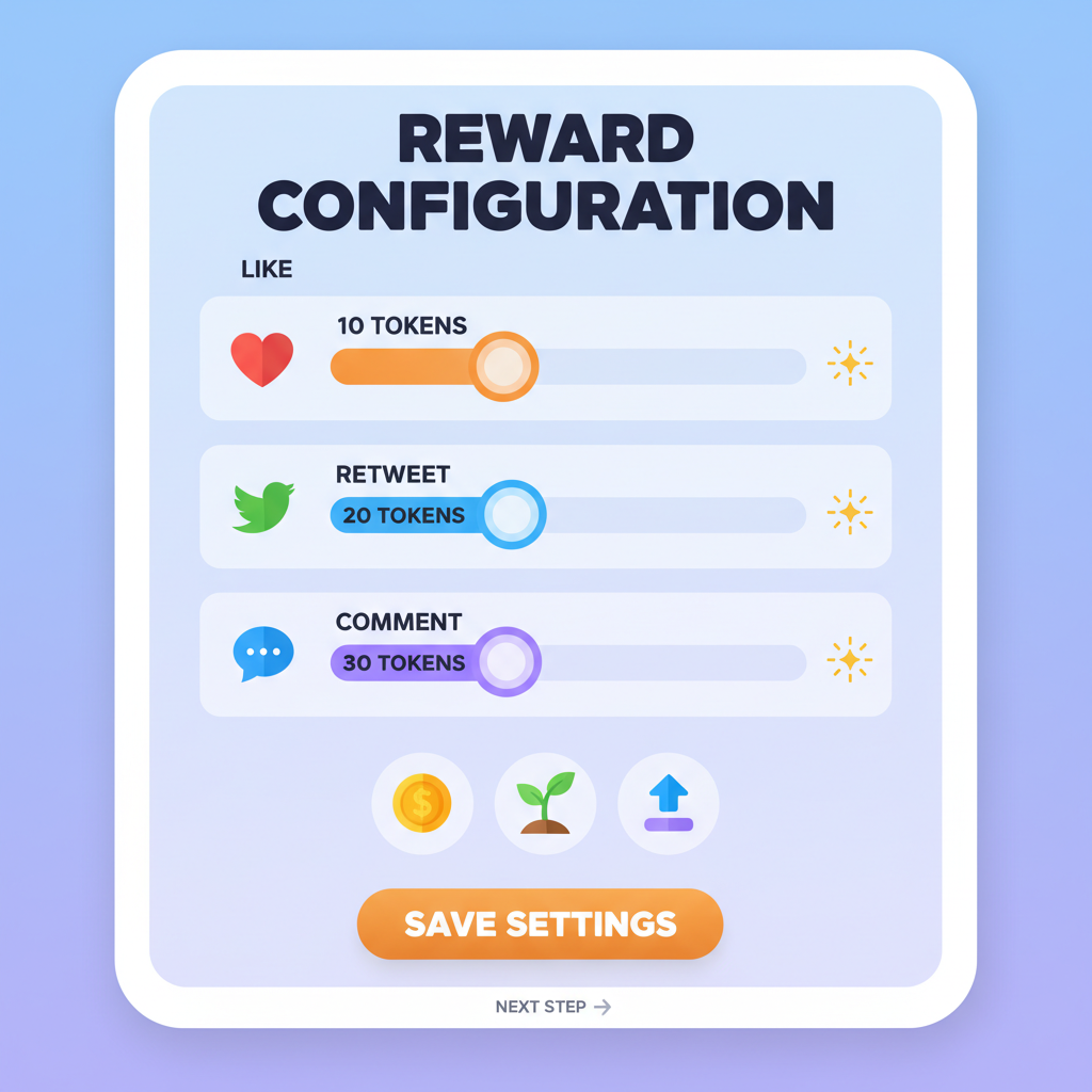 reward configuration screen showing tokens for like retweet comment sliders, vibrant reward icons