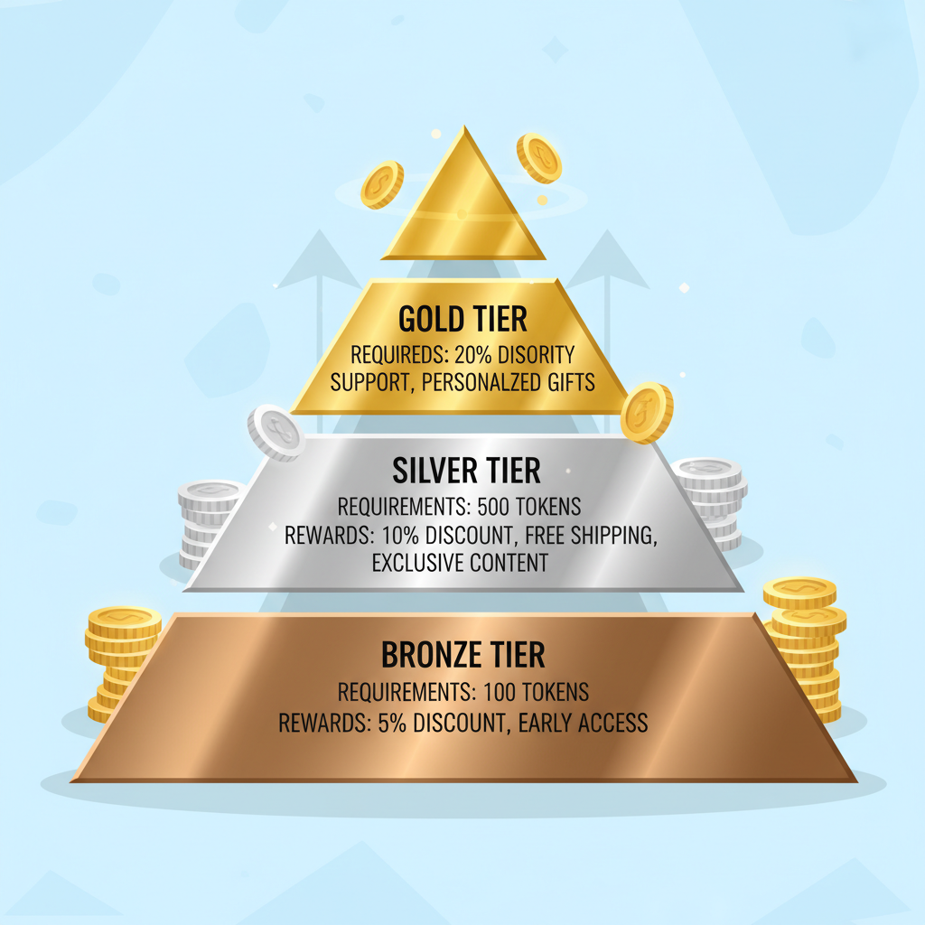 loyalty tier pyramid graphic bronze silver gold with token requirements and rewards, shiny metallic design