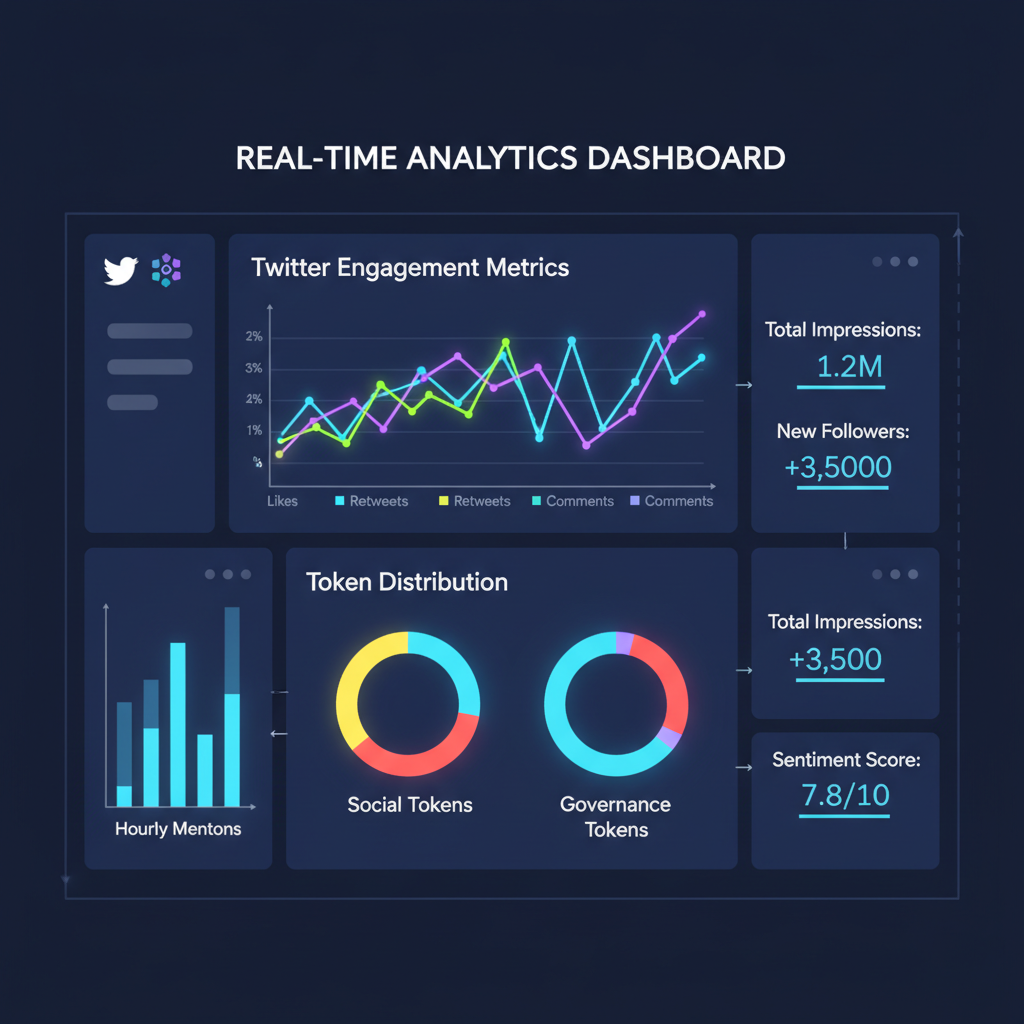 real-time analytics dashboard with twitter engagement metrics and token distribution graphs, dynamic charts glowing