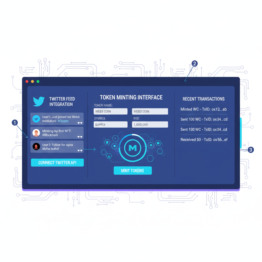 web3 dashboard integrating twitter api with token minting interface, futuristic blockchain graphics