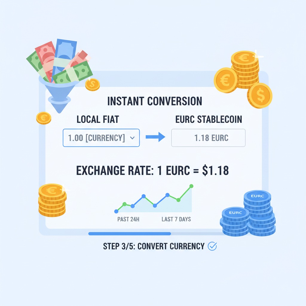 currency conversion chart showing local fiat to EURC stablecoin at $1.18, graphs and coins, financial dashboard