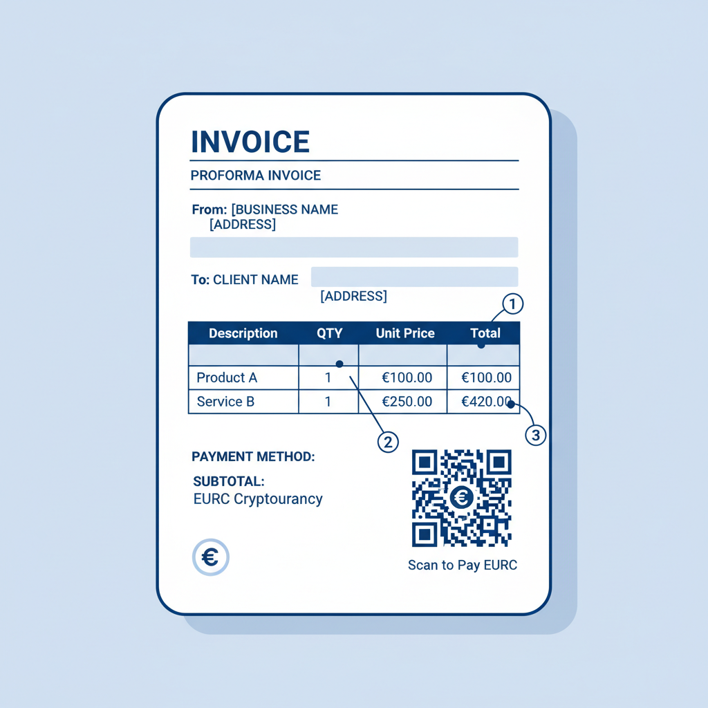 business invoice with EURC cryptocurrency payment QR code, professional document, euro symbols